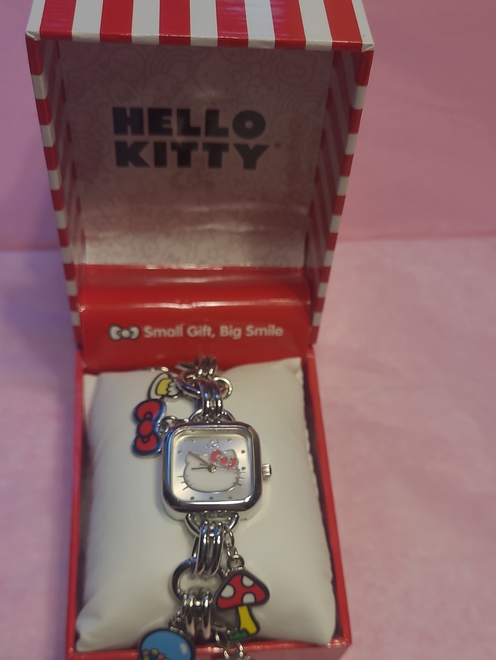 Hello Kitty Silver Charm Watch with Red Accents